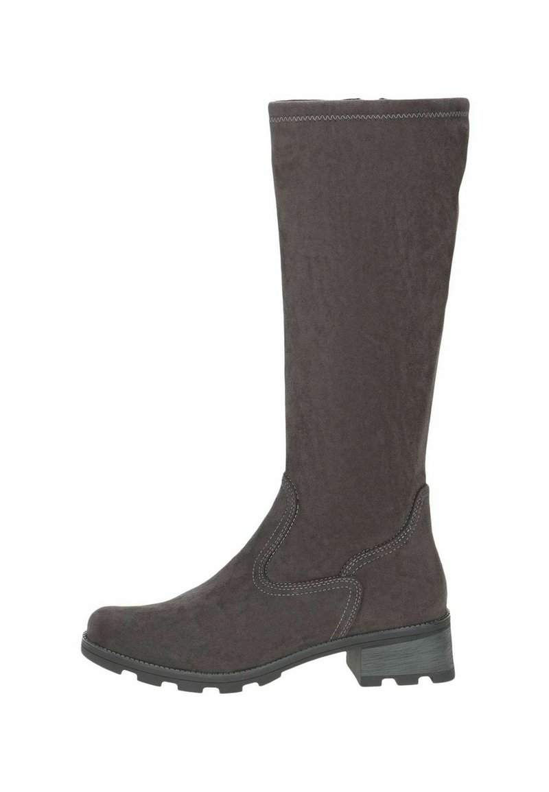 Botas de ante gris hasta la rodilla con tacón cuadrado. Cuentan con costuras decorativas en los costados y una textura suave.