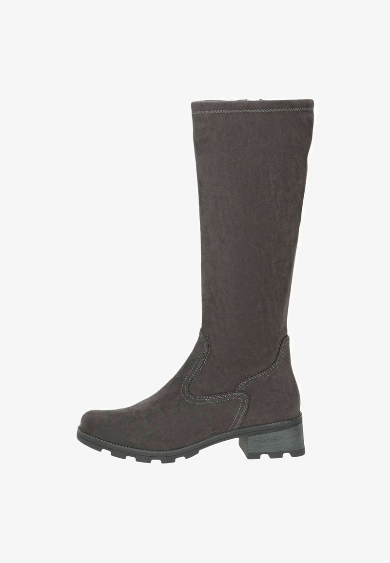 Knee-high hallide hallide saapakatted, millel on plokk-kreen. Omavad dekoratiivset õmblust külgedel ja sileda tekstuuri.