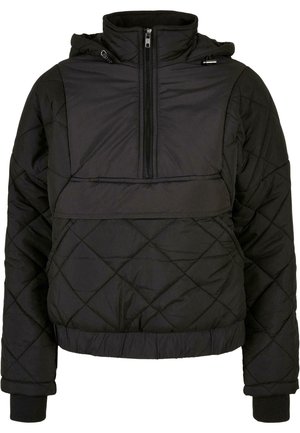 Giacca pullover trapuntata nera con zip frontale a metà, cappuccio e polsini a costine. Presenta un pannello a contrasto su seno. Texture morbida.