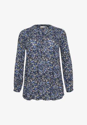 Blomstret top med lange ærmer, rund halsudskæring, knapper i nuancer af blå og beige. Blødt stof med en løs pasform og buet kant.