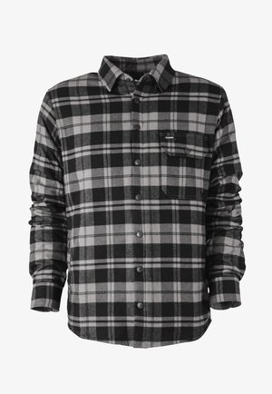 Camicia in flanella a quadri nera e grigia con design a bottoni, taschino sul petto e maniche lunghe con polsini a bottoni. Texture morbida.
