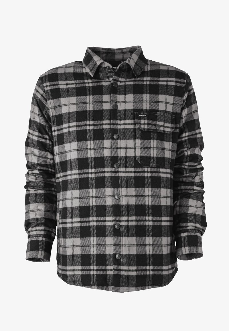 Camicia in flanella a quadri nera e grigia con design a bottoni, taschino sul petto e maniche lunghe con polsini a bottoni. Texture morbida.