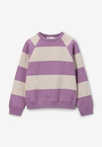 Sweatshirt rayé violet et crème avec un col rond, des manches raglan et des poignets et une ourlet côtelés, fabriqué en tissu en mélange de coton doux.