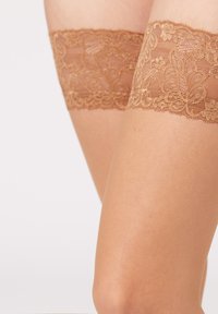 Collant alti color marrone con pizzo trasparente in cima e corpo liscio e semi-trasparente. Il design intricatamente floreale del pizzo superiore aggiunge texture e dettaglio.