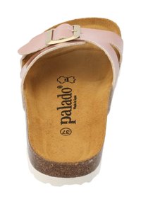 Sandalo scivolato in pelle rosa con fibbia dorata, soletta in sughero e suola in gomma bianca. Presenta fodera interna testurizzata e logo del marchio stampato.