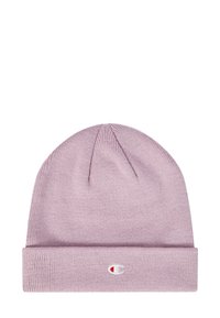Gorro de punto rosa con vuelta en el dobladillo. Presenta un pequeño logo bordado en el dobladillo. Textura suave y forma redondeada, adecuado para el uso invernal.
