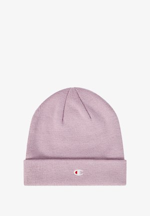 Gorro de punto rosa con vuelta en el dobladillo. Presenta un pequeño logo bordado en el dobladillo. Textura suave y forma redondeada, adecuado para el uso invernal.