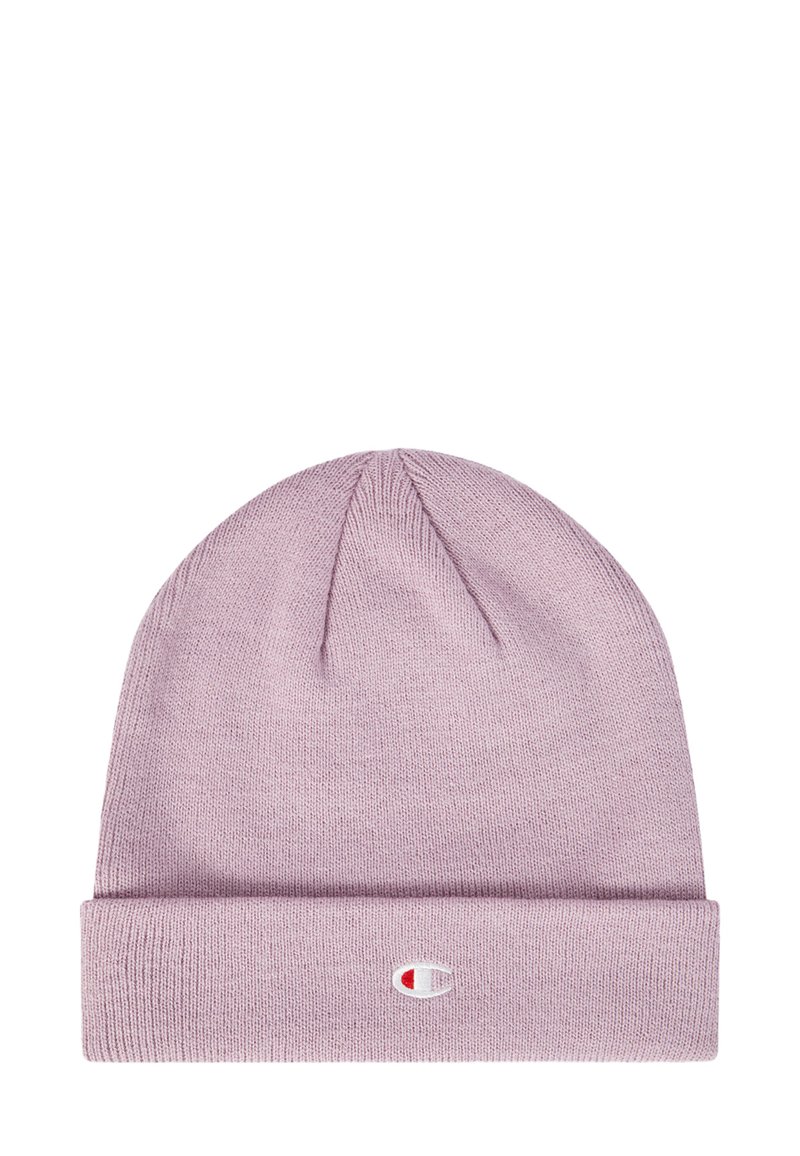 Gorro de punto rosa con vuelta en el dobladillo. Presenta un pequeño logo bordado en el dobladillo. Textura suave y forma redondeada, adecuado para el uso invernal.