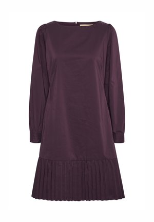 Lila Baumwollkleid mit langen Ärmeln, rundem Ausschnitt und plissiertem Saum. Glatte Textur, leicht lockere Passform und dezenter Glanz. Reißverschluss hinten.