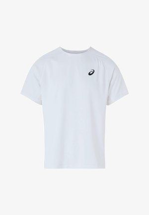 Maglietta sportiva bianca a maniche corte con scollo rotondo e piccolo logo Asics nero sul petto sinistro.