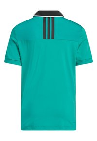 Turkøs polo-shirt med en sort krave og tre vertikale sorte striber på ryggen. Fremstillet af blødt, letvægtsstof.