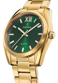 Montre en acier inoxydable doré avec un cadran soleillé vert, des index horaires blancs et un mouvement à quartz. Présente le chiffre romain XII et un bracelet en métal.