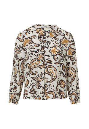 Blouse à manches longues avec des motifs floraux et paisley beiges, marron et moutarde, dotée d'un col en V et d'une coupe ample.
