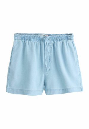 Hellblaue legere Shorts mit elastischem Bund und Kordelzug, aus weichem Stoff, flach auf weißem Hintergrund abgebildet.