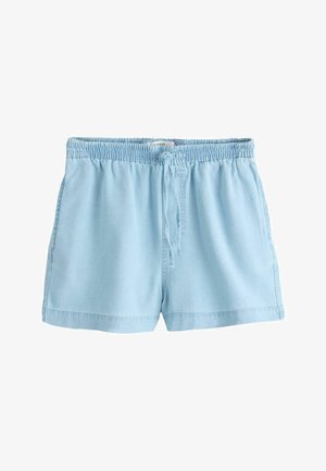 Lyseblå casual shorts med elastisk linning og snøre, lavet af blødt stof, vist fladt på hvid baggrund.