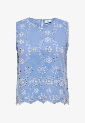 Modrý světle modrý top bez rukávů s bílou květinovou výšivkou, lemovaným okrajem a malým zadním zapínáním na knoflík pod výstřihem.