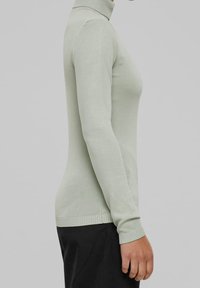 Seitenansicht einer Person, die einen hellgrünen, eng anliegenden Rollkragenpullover mit langen Ärmeln und schwarze Hosen trägt, vor einem schlichten Hintergrund.