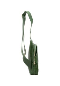 Borsa a tracolla verde in pelle con design elegante, dotata di una cerniera dorata, tracolla regolabile e una texture liscia e lucida.