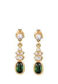 Guldøreringe med en grøn oval ædelsten, prydet med klare, runde og marquise-slebne sten, hængende fra et blomstermotiv.