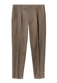 Pantalones en un color verde oliva mate, hechos de una tela suave. Presentan dos bolsillos frontales y un cierre de botón único en la cintura.