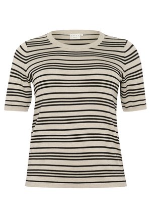 Stribet kortærmet sweater i lys beige med sorte vandrette striber. Har en rund halsudskæring og et struktureret, strikket design.
