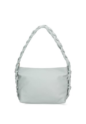 Lichtgrijze rechthoekige handtas met een gevlochten band, gladde textuur en een minimalistisch ontwerp op een witte achtergrond.