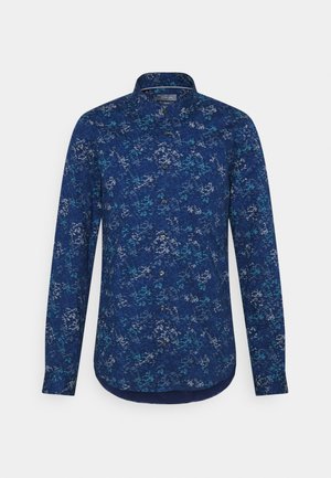 Chemise homme à manches longues boutonnée avec motif floral abstrait bleu foncé et bleu sarcelle, col classique et ourlet arrondi.
