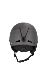 Slankt mat sort hjelm med ventilationsåbninger, justerbar hagespænde og indvendig polstring for komfort. Har et cirkulært justeringshjul.