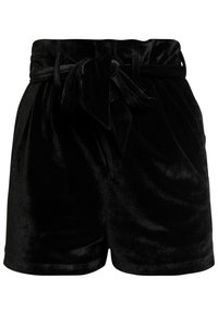 Svarta sammetsshorts med hög midja, som har ett knytbälte och mjuka veck, vilket ger en mjuk textur och slät yta.