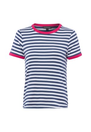 Granatowo-biały, w poziome paski t-shirt z krótkim rękawem, z różowym wykończeniem kołnierza i mankietów, rozmiar mały.