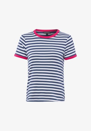 Short-sleeve navy and white horizontal striped t-shirt with pink trim on collar and sleeve cuffs, size small.