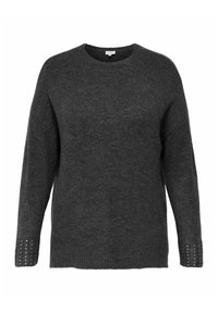 Tamno sivi pulover s okruglim izrezom, slobodnog kroja i dugim rukavima; ima zakovice na manžetama i mekanu teksturu.