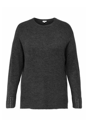 Mørkegrå sweater med rund halsudskæring, løs pasform og lange ærmer; har metalnitter ved ærmerne og en blød tekstur.