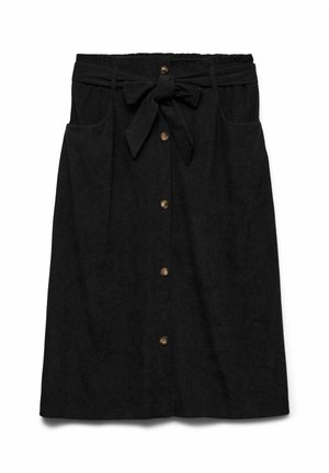 Black button-up skirt made of textured fabric with a waistband tie, featuring two front pockets and wooden button accents.