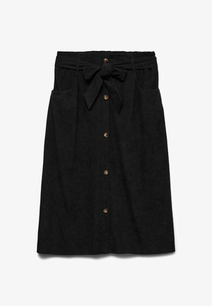 Schwarzer Hemdblusrock aus strukturiertem Stoff mit einem Taillenband, ausgestattet mit zwei frontalen Taschen und Holzknopf-Details.