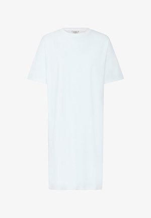 Vestido tipo camiseta blanco liso de manga corta con cuello redondo y longitud hasta la mitad del muslo, mostrado sobre un fondo blanco.