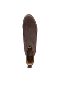 Brown suede ankle boot with a front zipper, rounded toe, and a small heel. Features a pull tab at the rear for easy wear.