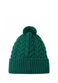 Cappello in maglia verde scuro per l'inverno con motivo a trecce, risvolto a coste e pon-pon in cima.