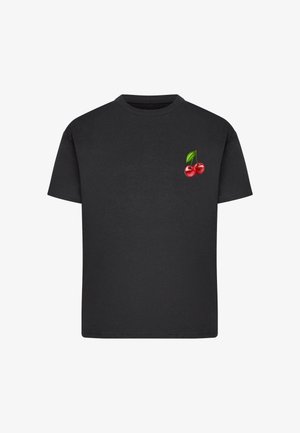 Black cotton t-shirt with a round neckline; features a red cherry graphic with a green leaf on the left chest area.