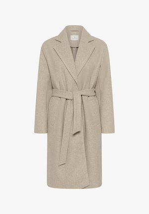 Gaišs bēšas krāsas josta ar teksturētu audumu, plata klājuma, divām sānu kabatām un ceļa garuma dizains.