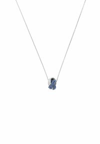 Silver necklace featuring a pendant with a layered design, embedded with blue stones and accented by clear stones. Chain is delicate.