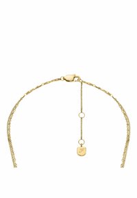 Collier en or avec un design à double chaîne, fermoir à ressort, longueur ajustable et un petit pendentif en forme de lettre "F".