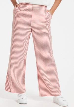 Personne portant un pantalon à jambes larges avec des rayures verticales roses et blanches, mains dans les poches, et des baskets blanches sur fond blanc.