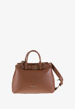 Braune Lederhandtasche mit doppelten Griffen, Schnallendetails, verstellbarem Schultergurt und kleinem Metall-Logo in der Mitte vorne.