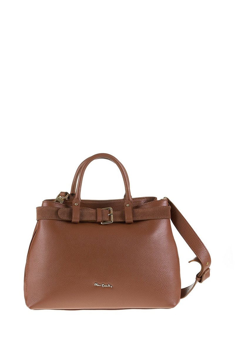 Sac à main en cuir marron avec double poignée, détail de boucle, bandoulière réglable et petit logo en métal au centre avant.