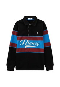Polo à manches longues noir avec des rayures horizontales bleu et bordeaux. Dispose d'un col boutonnière et d'un grand graphique blanc "Blanco".