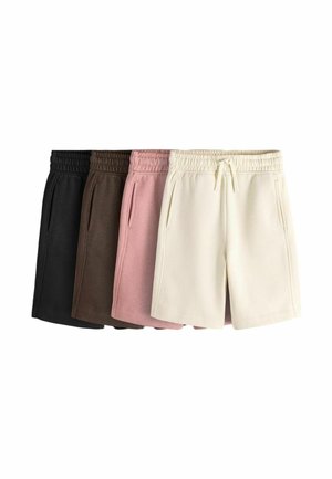 Four pairs of casual shorts in black, brown, pink, and cream, with elastic waistbands and front pockets, arranged side by side.