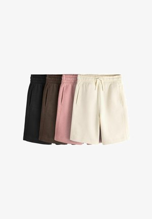 Fire par casual shorts i sort, brun, lyserød og creme, med elastik i taljen og forlommer, arrangeret side om side.
