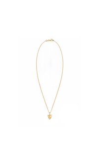 Collana in tono oro con una catena sottile e un pendente a forma di cuore con superficie liscia e dettagli delicati. Chiusura con gancio a molla.
