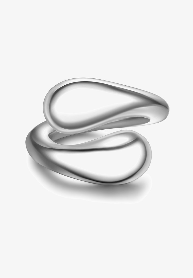 Anello in argento con una forma fluida e organica, caratterizzato da curve morbide e una superficie liscia e riflettente. Design semplice e moderno.